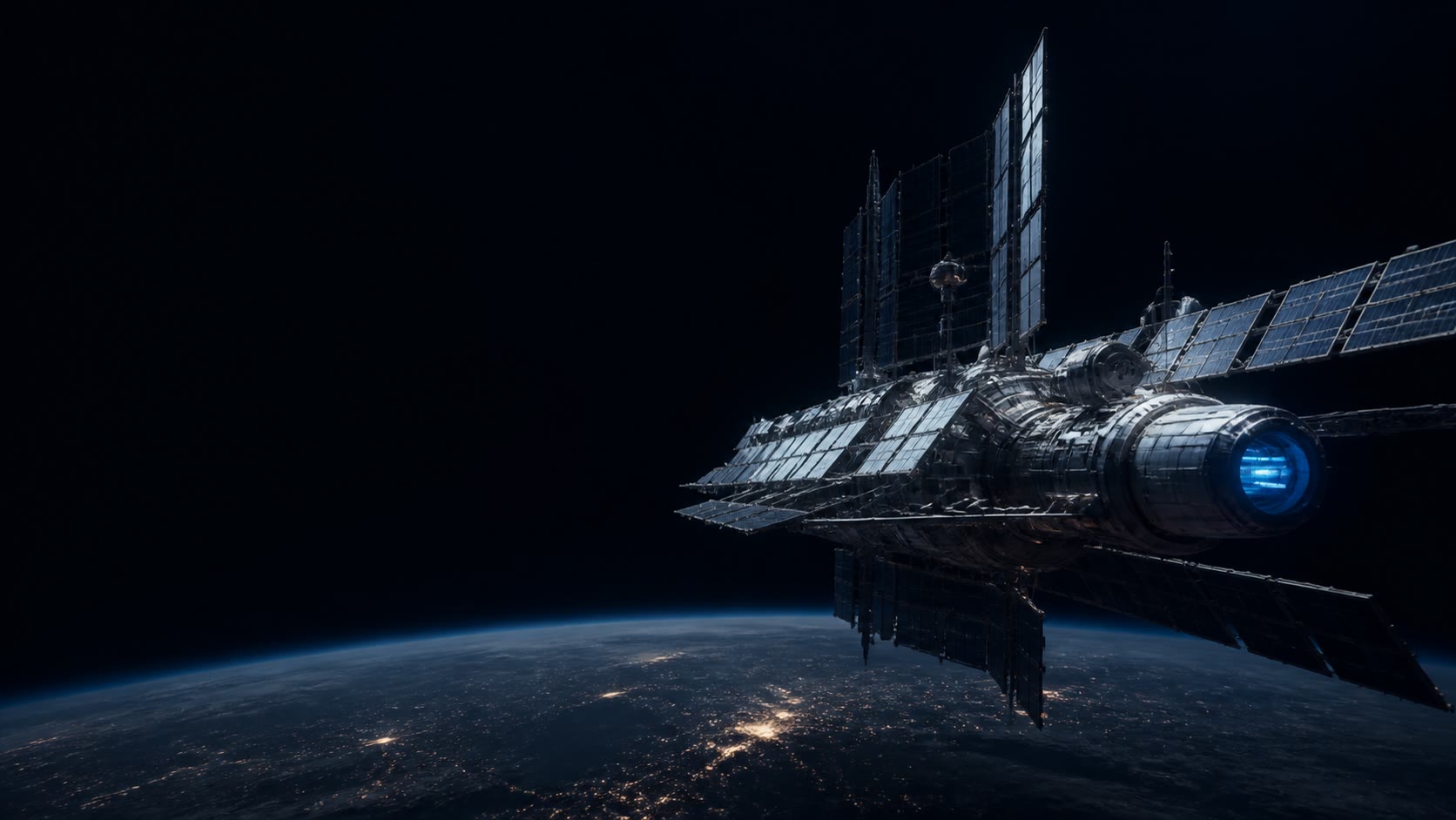 A silver orbital compute station floating above Earth's night horizon.