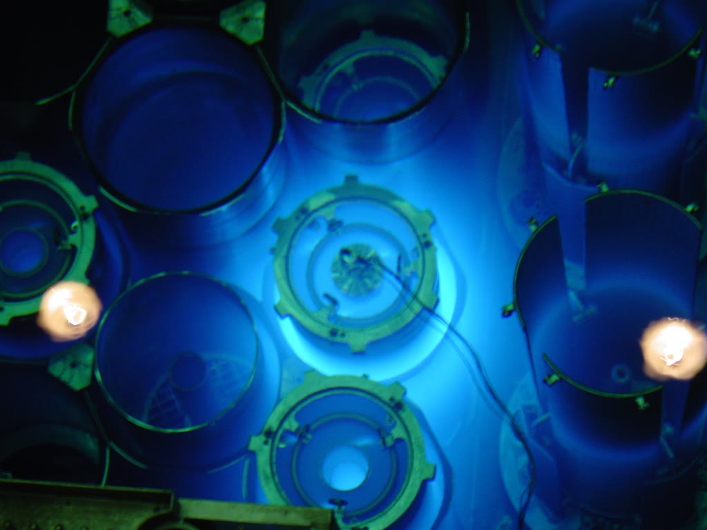 Blue Cherenkov glow inside the High Flux Isotope Reactor at Oak Ridge National Laboratory.
